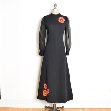 vintage 70s maxi dress black orange poppy print applique hippie boho M 