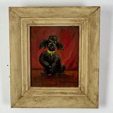Miniature Original Oil on Board Framed Painting of a Black Toy Poodle Dog, Singed 