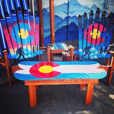 Patio Set with (2)Sasquatch Bigfoot Sunset & Night Sky Mural Adirondack Ski Chairs and (1) Matching CO flag snowboard coffee table, New Set 