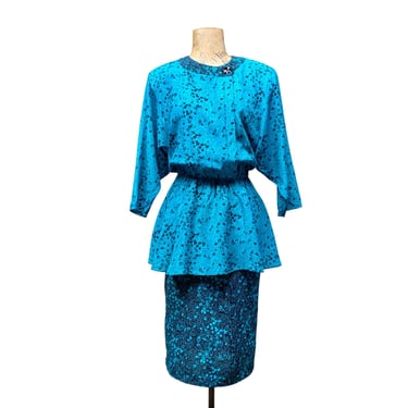 Vintage 1980s Does 1940s Peplum Dress, Turquoise/Black Floral Rayon Dress w/Batwing Sleeves and Pencil Skirt, Medium, VFG 