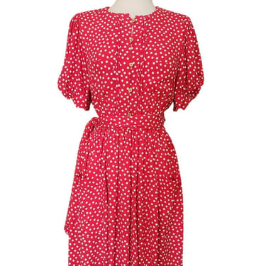 Vintage 1980s Sonia Rykiel Dress Red Polka Dot Rayon Short Sleeved Midi w/Belt 