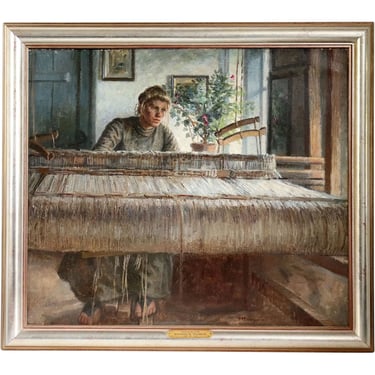 JOHANNES WILHJELM Oil on Canvas Painting, Anna at the Loom
