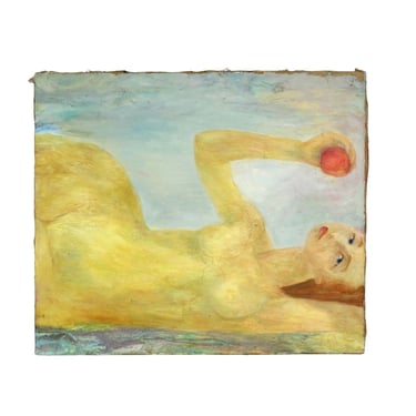 Vintage Oil Painting of Voluptuous Nude Laying on Side Holding Apple