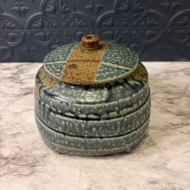 Blue and Brown Glazed Pottery Jar with Lid