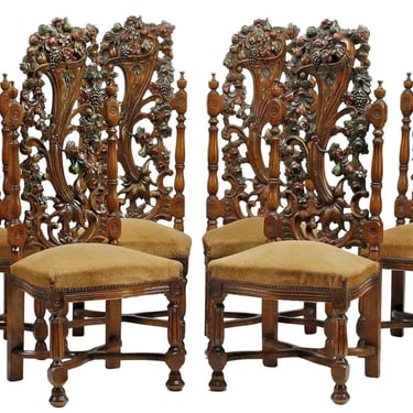 Dining Chairs, Set of 6, Spanish Revival, Carved, Polychrome, Cornucopia 54.5”!