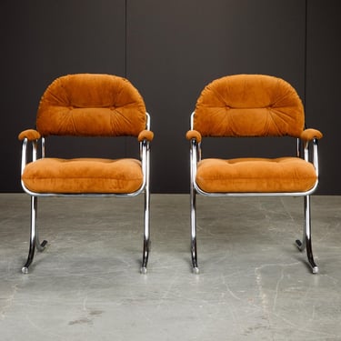Jerry Johnson for Cal-Style Chrome Lounge Chairs – Set of 2 – 1979 Vintage Modern Armchairs – Burnt Orange Upholstered 