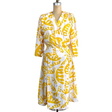 1980s Yellow Matisse Print Wrap Dress - Billy Jack for Her - Batwing Sleeves 