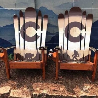 Set of 2 - Brown & Beige big foot Mountain Mural Chairs, Sasquatch, Yeti, Comfortable Yard Chair, Adirondack Snowboard Chair, Patio Chair 