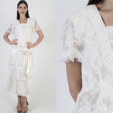 White Jessica McClintock Dress, Lace Gunne Sax Gown, Victoria Large Collar, Garden Party Midi 
