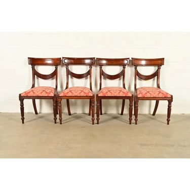 Baker Furniture Style English Regency Carved Mahogany Dining Chairs, Set of Four
