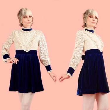 ViNtAgE 60's 70's Blue VELVET Mini Dress // Romantic Goth // Crochet Lace Babydoll Empire Waist Puff Sleeves s/xs 