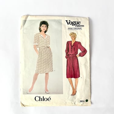 Vintage 1980s Chloé Dress Vogue Paris Originals Sewing Pattern 2974 Size 12 