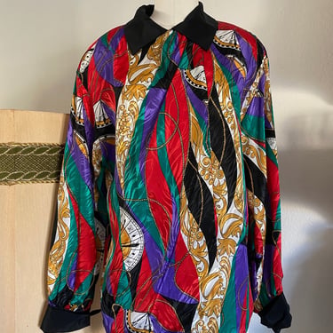 Vintage 80s Novelty Abstract Salvador Dali Clock Blouse; 80s Holiday Street Wear Picasso Blouse Jewel Tone Argyle; Funky Retro Pop Style 