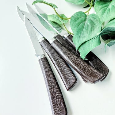 Vintage Quikut Steak Knives Set: Faux Wood Grain Handles, USA 