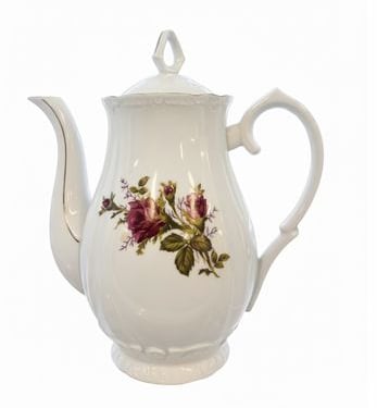 Vintage white porcelain teapot w/ rose motif (as is), 8.25" h