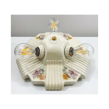 Refurbished Porcelier Porcelain Bare 3-Bulb Ceiling Fixture - Porcelier from the 1930's - Colorful Florals 