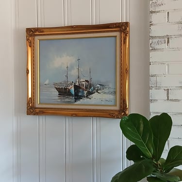 Vintage Nautical Sailboats Oil Painting L. Sallas in Ornate Gold Frame 