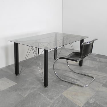 Large Vintage Italian Niels Bendtsen Postmodern Eiffel Smoke Glass Black Leather Dining Table Rectangular Home Office Desk Streamline Chrome 