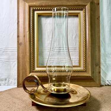 Vintage Brass and Glass Chamberstick, Candle Lantern, Candle Holder with Hurricane, JGB Norway 1920s 