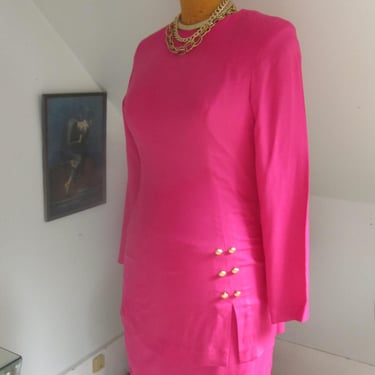 Pink Silk Pencil Skirt Dress, Late 80's Early 90's, Fitted , Shoulder pads, Gold Buttons 
