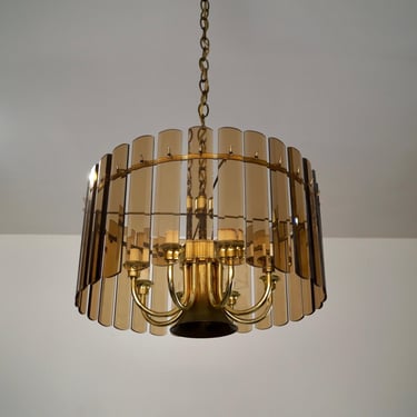 1970&rsquo;s Hollywood Regency Brass & Smoked Glass Chandelier 
