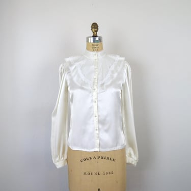 vintage 1970s 1980s Gunne Sax blouse top ruffle high neck satin size 7 small 