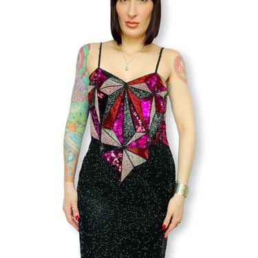 Vintage 1980's Geometric Star Beaded Sequined Cocktail Party Dress - size Medium 