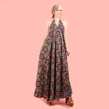 Handmade Indian Cotton Halter Dress // Hand Block Print ViNtAgE 60s Tapestry // Floral Flower Power // BoHo HiPPiE // Indigo Blue S M 