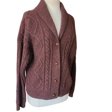Vintage 1980s Gap Cardigan Sweater Chunky Brown Cable Knit  Shetland Wool 
