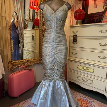 1980s ruched silver lurex mermaid gown pastel rainbow zum zum 80s formal dress 