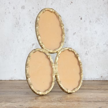 Vintage Faux Brass Bamboo Triple Photo Frame: Multi-Picture Oval Table Top Display 