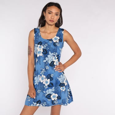 Hawaiian Sun Dress 90s Mini Floral Tropical Print Blue Sundress Summer Vintage 1990s Sleeveless Sheath Minidress Small Medium 
