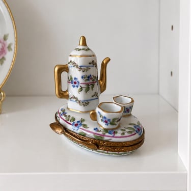 Limoges France Trinket Box Teapot Coffee Set Peint Main Porcelain French Miniature Spoon Clasp 