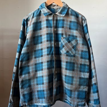 Sm Med, 1950s Blue Printed Flannel Shirt, Workwear, Cotton - F 