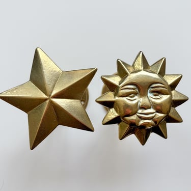Vintage Celestial Sun and Star Brass Curtain Tie backs pull backs 
