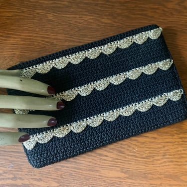 Vintage 1940s Black and Metallic Gold Cord Crocheted Clutch Handbag Zipper Top 