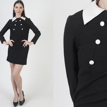 60s Wednesday Addams Costume, 60s Black Wiggle Dress, Mod Tuxedo Collar, Gothic Scooter Mini 