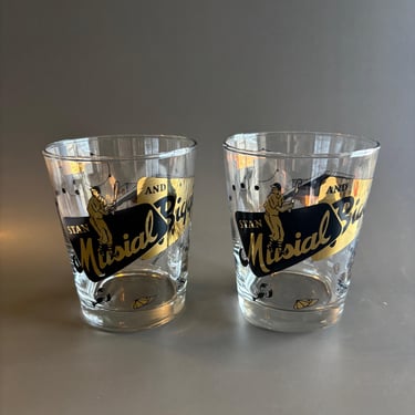 Rare Stan Musial and Biggies Rocks Glasses Set of 2 St. Louis Cardinals Vintage Gold Barware MLB Collectible Tumblers 