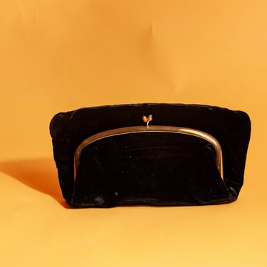50s Black Velvet Gold Hardware Clutch Vintage Fold Over Formal Purse 