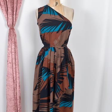 Vintage 1980s Dress / 80s One Shoulder Cotton Dress / Black Brown Blue ( XS S ) 