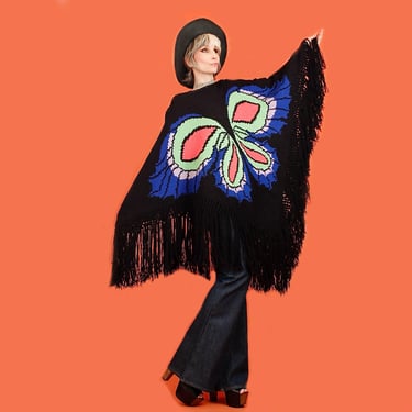ViNtAgE 1970s Black Light Butterfly Poncho // Hand Knit Black Day Glow Fringe Cape // Psychedelic Hippie Mod Sweater // Free Size s m l xl 
