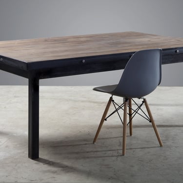 A custom made industrial table / desk with steel frame and bolt detail. Made to size. Guide price only. 