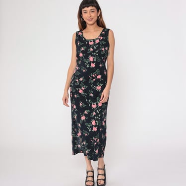 90s Black Floral Sundress Midi Dress Sleeveless Day Dress Pink Flower Print Side Slit Summer Sun Dress Boho Hippie Vintage 1990s Medium 