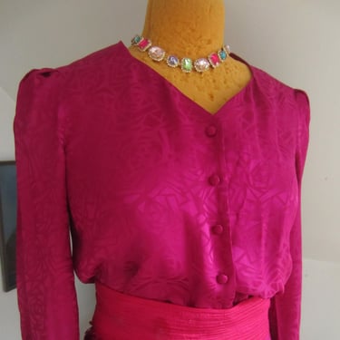 1980's Fuchsia Silk Dress, Liz Claiborne Pink Brocade, Front  Buttons, Sweetheart Neck, Puff Sleeve 