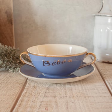 Beautiful Vintage VILLEROY & BOCH blue and gold porcelain baby bowl and saucer 