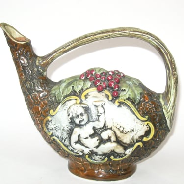 Bischoff Cherry Wine Liqueur Bottle Decanter BABY BACCHUS Hand Painted Pottery Furlan Italy; Vintage Empty Genie Shape Bar Decor 