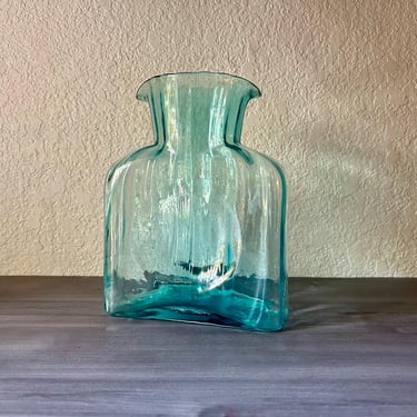 Signed Blenko Special Edition ribbed Glass Water Bottle 384  Carafe, Turquoise Double Spout Water Bottle, Decanter / Vase 