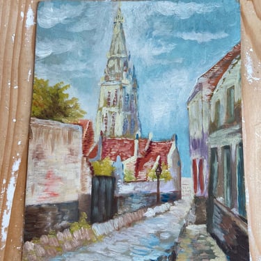 Vintage French oil painting of village. Church in the South of France 
