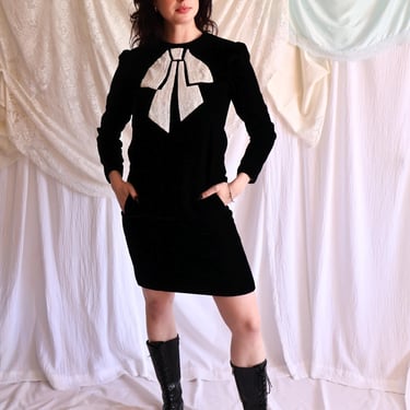 Vintage 1980s Black Velvet Graphic Sequin Bow Mini Cocktail Dress | Size Small 