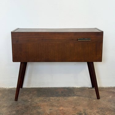 Walnut Entry Console Table with Drop-Down Storage Compartment Vintage Mid-Century Modern 1960s 